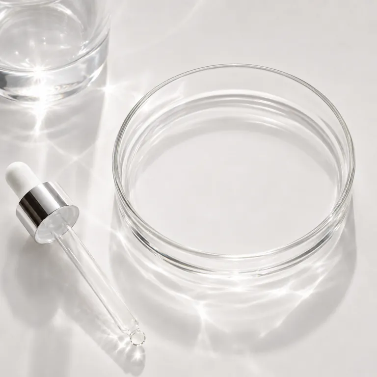 An empty clean glass petri dish beside a dropper and a glass of clear water on a bright white surface, signifying excluded ingredients.
