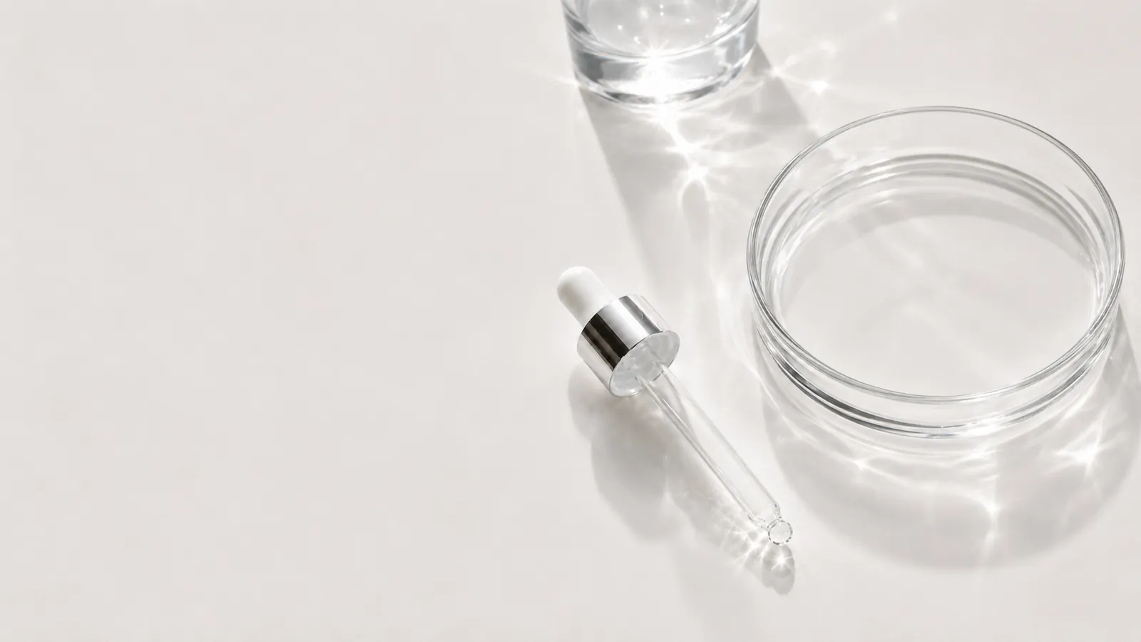 A clean glass dropper, an empty glass petri dish and a glass of clear water casting bright caustic light on a soft cream surface - signifying a fragrance-free, dye-free, water-based serum.