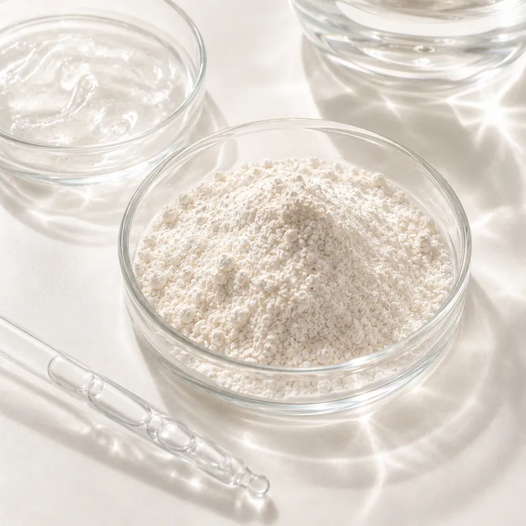 Soft cream-colored oat beta-glucan powder in a glass petri dish, with a clear gel dish and pipette nearby on a sunlit off-white surface.