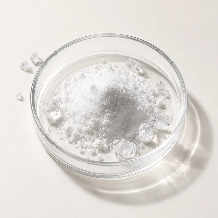 White crystalline ectoine powder with clear faceted crystals in a glass petri dish on a soft off-white surface.