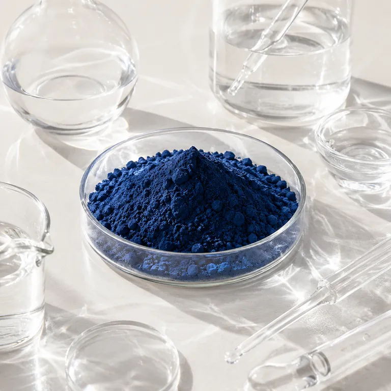 Vivid deep-blue GHK-Cu copper peptide powder in a glass petri dish surrounded by clear beakers and glass pipettes on a white surface.