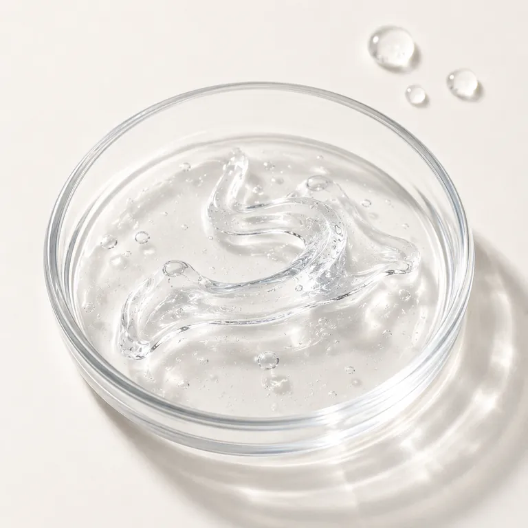 Clear, viscous hyaluronic acid gel with suspended bubbles swirled in a glass petri dish, with gel droplets beside it on a soft off-white surface.