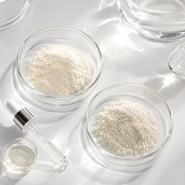 Two glass petri dishes of fine white Matrixyl peptide powder beside a dropper and clear gels on a bright white surface.