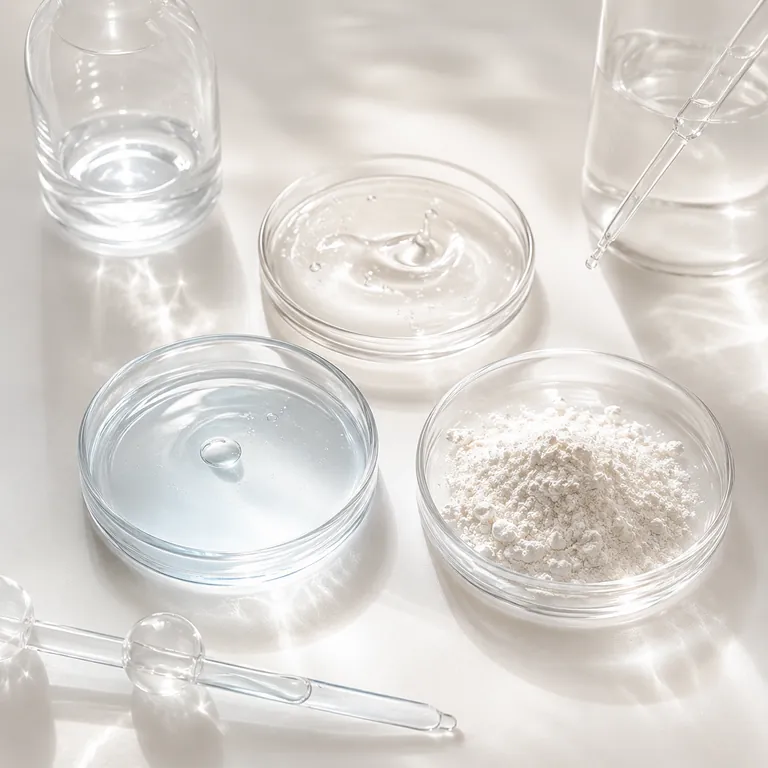 White neuropeptide powder in a glass petri dish beside clear hyaluronic gels, a beaker and pipettes on a bright white surface.
