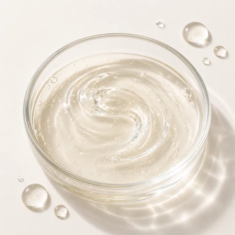 Glossy, swirled pale-gold panthenol gel with fine bubbles in a glass petri dish, with gel droplets beside it on a warm off-white surface.