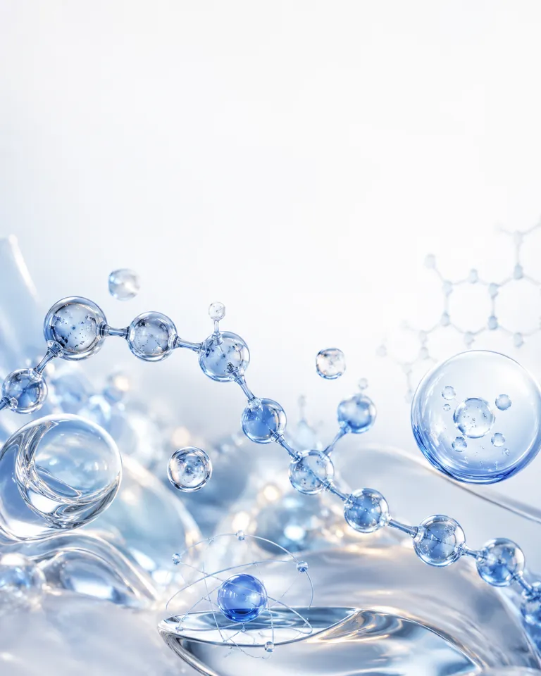 Blue peptide-chain molecules with a copper-ion atom model suspended in clear serum, representing the GHK-Cu carrier peptide category of the Selfore Whisper formulation.
