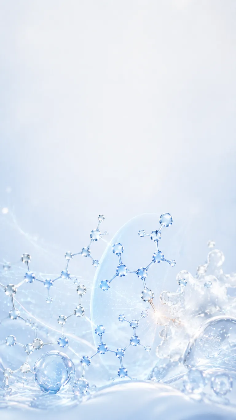 A glowing peptide molecule bonding to a larger enzyme structure amid clear serum, representing the enzyme-inhibitor peptide category (Pal-GQPR) of the Selfore Whisper formulation.