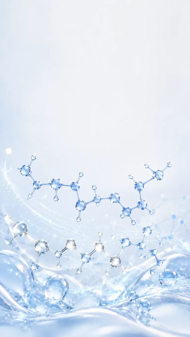 Two silvery-blue collagen-fragment peptide chains floating above rippling clear serum, representing the Matrixyl 3000 signal peptide category of the Selfore Whisper formulation.