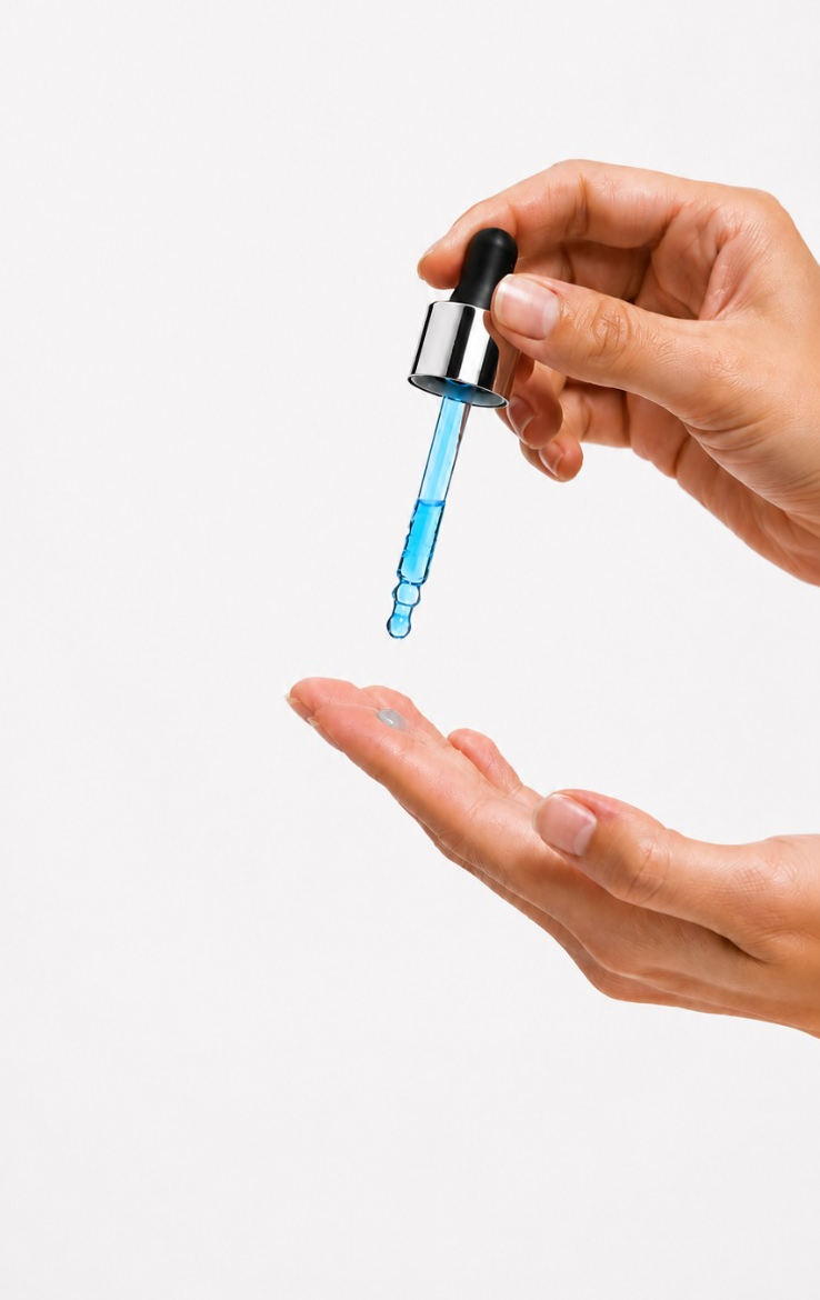 A dropper releasing a blue serum drop into an open palm