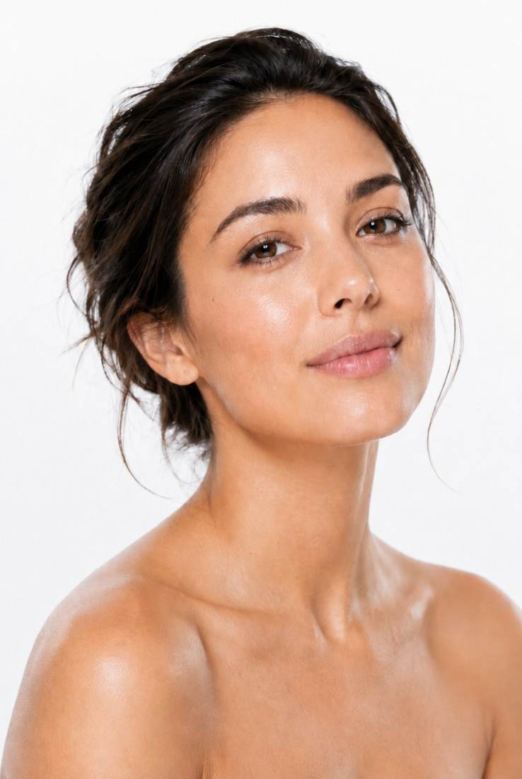Close portrait of a woman with firm, resilient-looking skin
